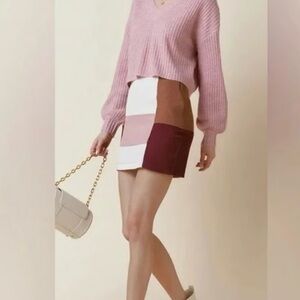 NWOT Francesca’s Blue Rain Colorblock Mini Skirt - Brown, Pink, Cream XS